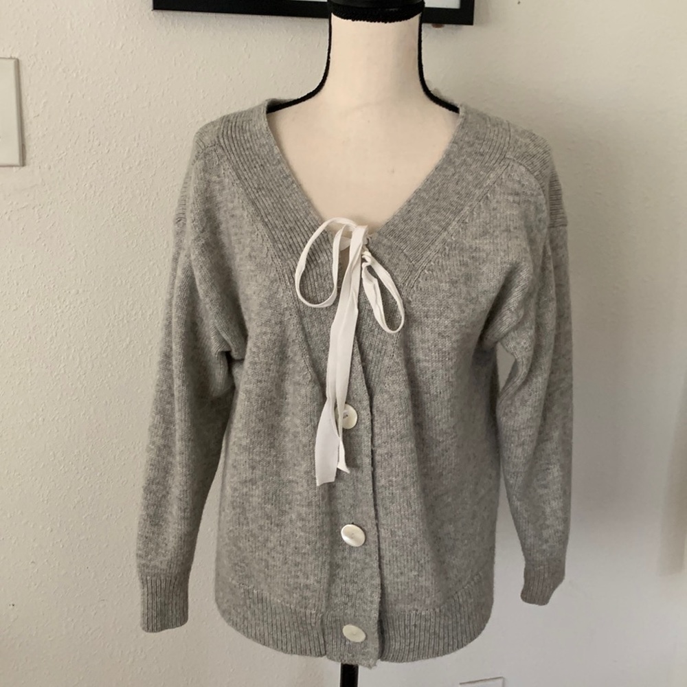 Cinq à Sept Heather Gray Cardigan with Ivory Ties